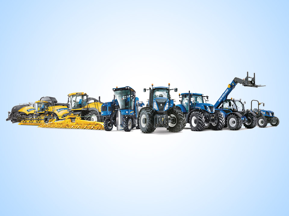 New Holland Mähdrescher Traktoren und Teleskoplader aufgereiht