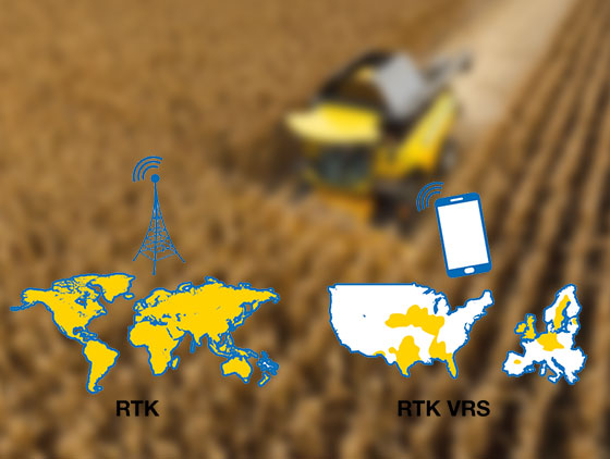 rtk und rtk vrs darstellung unter weltkarten verschwommener mähdrescher im hintergrund