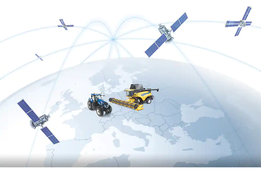 new holland traktor und mähdrescher auf globus mit einem satellitennetz darüber